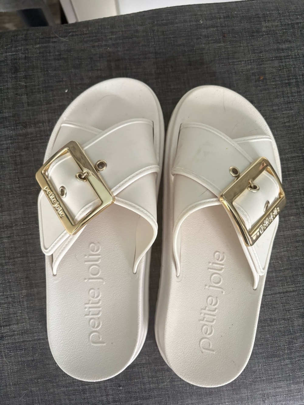 petite jolie White Slide Sandals with Gold Buckles